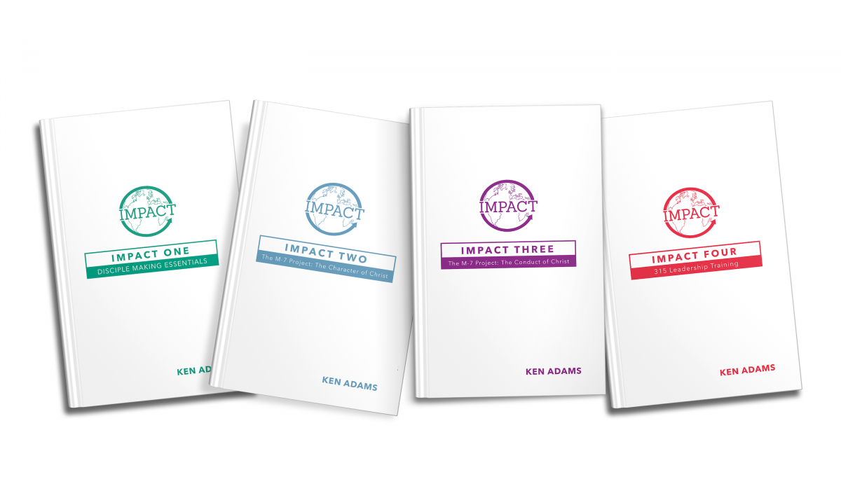 Series of four book covers titled 'Impact One', 'Impact Two', 'Impact Three', and 'Impact Four' by Ken Adams, focusing on different aspects of disciple making within small groups.