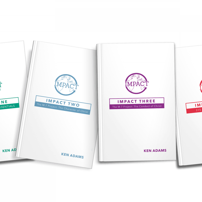 Series of four book covers titled 'Impact One', 'Impact Two', 'Impact Three', and 'Impact Four' by Ken Adams, focusing on different aspects of disciple making within small groups.