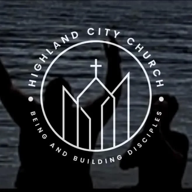Silhouette of a person raising their hands in worship with the Highland City Church logo overlay, symbolizing our team and our story of faith and discipleship.